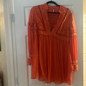 Free People Coral Lace Cutwork Long Sleeve Dress Size 8